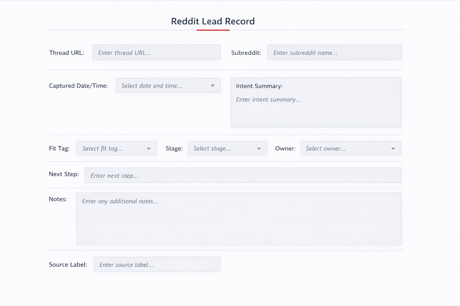 Template: Recommended lead record fields for Reddit-sourced leads