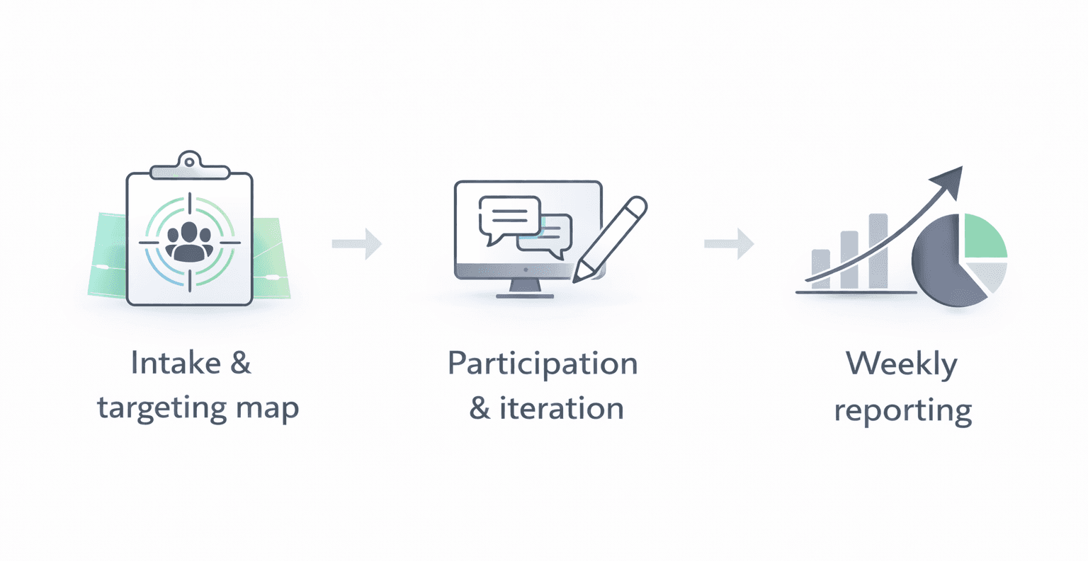 Process for Reddit marketing services: intake, targeting map, participation, and weekly reporting