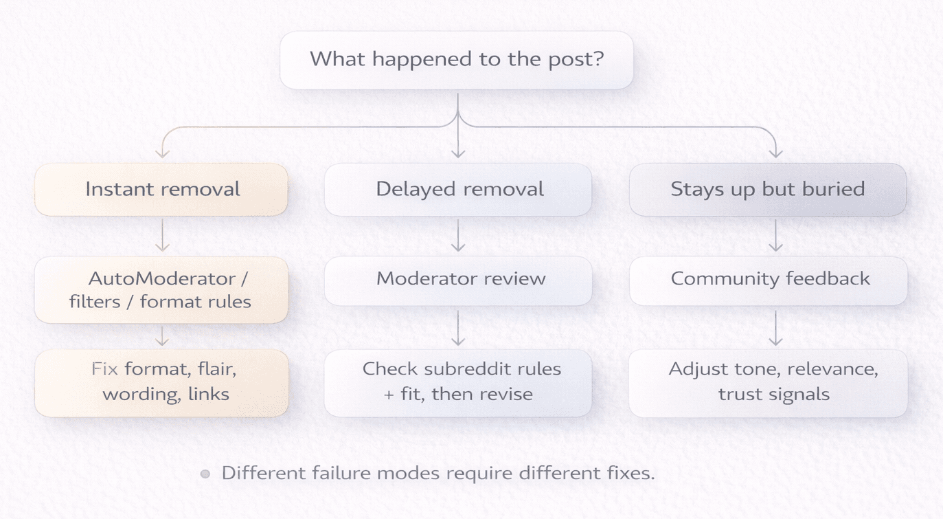 Flowchart showing how to diagnose a Reddit removal: automod vs moderators vs community pushback