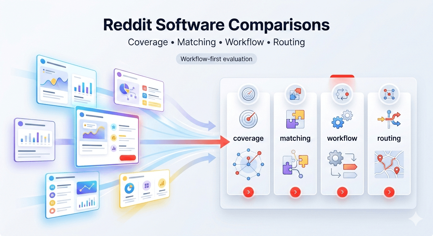 Reddit software comparisons hub visual for evaluating coverage, matching, workflow, and routing.